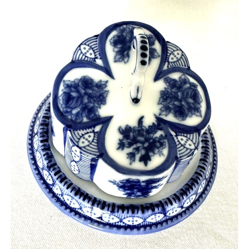 Vintage Limoges China Porcelain Blue White Floral Cheese Keeper Butter Dome